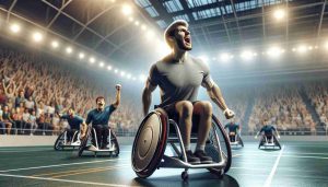 Create a realistic high definition image of a young Caucasian male wheelchair rugby athlete. He is in the midst of a game, showing enthusiasm and determination. Players and spectators can be seen in the background. Replace the backdrop with an indoor stadium packed with cheering audience. The lighting conditions are perfect for a daytime match. The star athlete is portrayed as strong, dynamic, and inspirational.