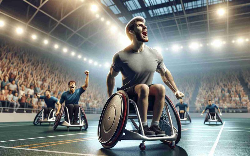 Create a realistic high definition image of a young Caucasian male wheelchair rugby athlete. He is in the midst of a game, showing enthusiasm and determination. Players and spectators can be seen in the background. Replace the backdrop with an indoor stadium packed with cheering audience. The lighting conditions are perfect for a daytime match. The star athlete is portrayed as strong, dynamic, and inspirational.