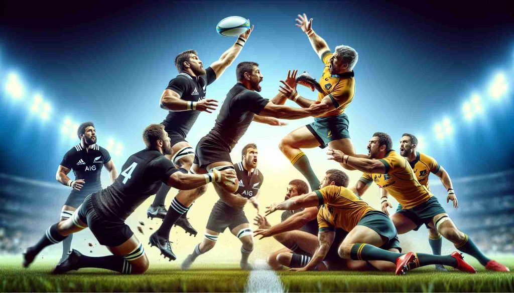 High definition, realistic image of a gripping rugby match with two teams equivalent to the prowess and skill of the All Blacks and Wallabies. Both teams are fully engaged, launching themselves into a fierce battle on the field. Players are performing exceptional moves, displaying teamwork and strategy. It's hard to predict the outcome, adding to the thrill of this incredible game. The spectator’s expressions mirror the high-intensity emotions of this match.