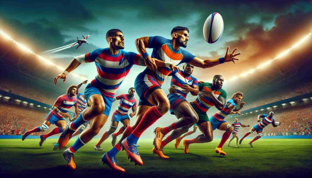 Craft an HD photo realistically portraying an intense rugby match between two teams, one representing Puerto Rico and the other representing the British Virgin Islands. Include the vibrantly colored uniforms, the physicality of the players in action, the charged atmosphere of onlookers, the lush green field, and details such as the characteristic oval rugby ball and trajectory in play.