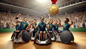 Create a high-resolution, realistic depiction of a historical moment, set in Japan, displaying a team of diverse individuals celebrating their first-ever gold medal in wheelchair rugby. Show the joy and triumph on their faces, the shiny gold medal, the rugged wheelchairs used in the game, and the cheering spectators around them. Take attention to details of the event like athletes' attire, the court, and wheelchair.