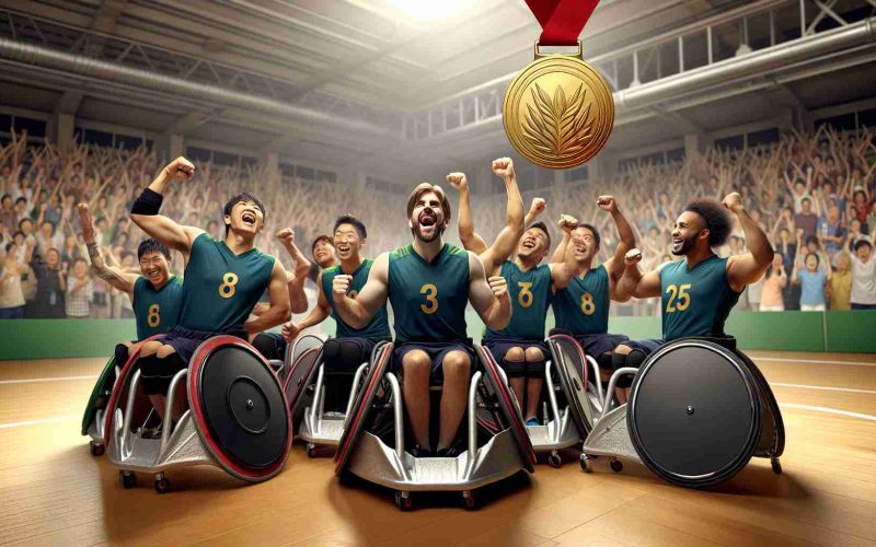 Create a high-resolution, realistic depiction of a historical moment, set in Japan, displaying a team of diverse individuals celebrating their first-ever gold medal in wheelchair rugby. Show the joy and triumph on their faces, the shiny gold medal, the rugged wheelchairs used in the game, and the cheering spectators around them. Take attention to details of the event like athletes' attire, the court, and wheelchair.