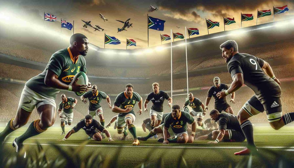 Realistic high-definition image showing an intense rugby match between the South African Springboks team and the New Zealand All Blacks team. The scene perfectly captures the legendary clash, with players in action, running, tackling, and team jerseys in green and gold for the Springboks, while in black for the All Blacks. The crowd in the background is roaring in anticipation, flags flying high and the sense of competition in the air.