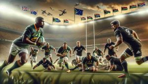 Realistic high-definition image showing an intense rugby match between the South African Springboks team and the New Zealand All Blacks team. The scene perfectly captures the legendary clash, with players in action, running, tackling, and team jerseys in green and gold for the Springboks, while in black for the All Blacks. The crowd in the background is roaring in anticipation, flags flying high and the sense of competition in the air.