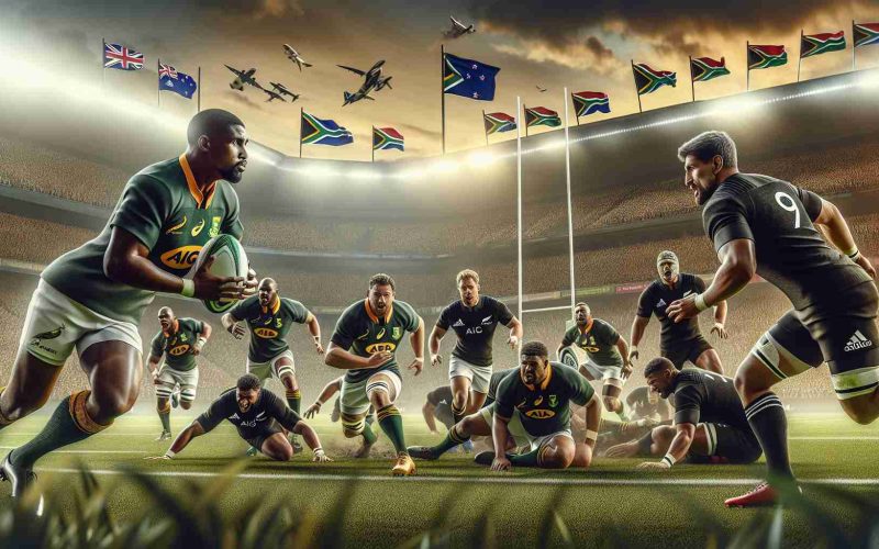 Realistic high-definition image showing an intense rugby match between the South African Springboks team and the New Zealand All Blacks team. The scene perfectly captures the legendary clash, with players in action, running, tackling, and team jerseys in green and gold for the Springboks, while in black for the All Blacks. The crowd in the background is roaring in anticipation, flags flying high and the sense of competition in the air.