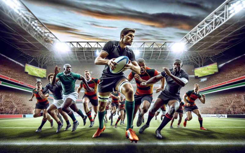 Generate a high-definition, realistic image of an intense rugby showdown taking place at Ellis Park Stadium. Showcase all the vibrant energy of the game. Include various teams in their distinct uniforms charging towards the ball, with a large, enthusiastic crowd cheering in the background. Diversify the teams with members representing different descents such as Black, Hispanic, and White. Indicate the sprawling green field, the goal posts and the bright stadium lights. Try to capture the strategic moves of the players, the dedication, and the spirit of the game.