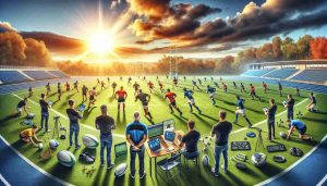 A high definition, realistic image representing the concept of 'Exploring New Horizons: Innovations in Rugby Coaching'. Include a sun rising over a panoramic view of a rugby field, signifying new horizons. On the field, diverse ethnicities of male and female coaches are demonstrating new coaching techniques to rugby players of various ages, genders, and ethnic backgrounds. The coaches can be seen using modern technological devices, such as tablets and virtual reality headsets, to guide their instructions. Also, depict some innovative rugby equipment on the ground such as state-of-the-art rugby balls and wearable performance-tracking devices.