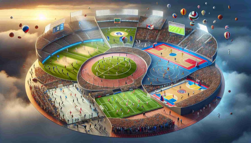 Create a realistic, high-definition image highlighting the dynamic shifts in the landscape of international sports. The image should include various arenas representing sports popular in different parts of the world, including a cricket pitch for South Asia, a football (soccer) field for Europe, a basketball court for America, and a rugby field for Oceania. Each arena should be interconnected, symbolising the interconnectedness of global sports. Descent and gender diverse athletes of multiple ages should be depicted in action in each arena. Don't forget details like the excited audience, referees, scores on scoreboards, and lighting.