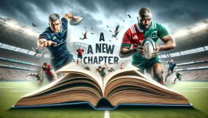 High definition, realistic image of a new chapter opening for Munster and Connacht Rugby teams in the United Rugby Championship. The picture should depict a metaphorical book, with words 'A New Chapter' emblazoned on an open page. In the background, two men of different descents, for instance, Black and Caucasian, wearing Munster and Connacht rugby team kits, aggressively charging towards a rugby ball kicked into the air.