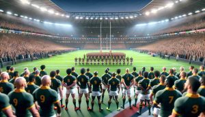 A realistic high-definition picture detailing the scene of a South Africa Rugby Union event. The image captures a diverse range of rugby players standing in a respectful stance as they watch an unseen team perform a traditional pre-match ceremony. The setting is a packed sports stadium with the excitement and tension of a big game palpable in the air. Please note that the unseen team's actions suggest they might be performing a haka, a traditional ceremonial dance originally from the Māori people of New Zealand, but the imagery does not specifically represent them or their haka.