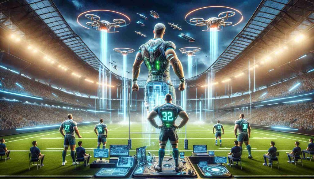 An ultra-high-definition depiction capturing the future of rugby, innovation-driven, and bleeding-edge. It incorporates advanced technology and sports innovation, with imposing rugby players showing off dramatically evolved athletic gear. The scene reveals an upgraded lush green playing field, rigged with state-of-the-art technology, futuristic scoreboards and holographic displays against a high-tech stadium teeming with enthusiastic AI spectators. The sky above is streaked with drone streams live broadcasting the powerful dynamic game unfolding below.