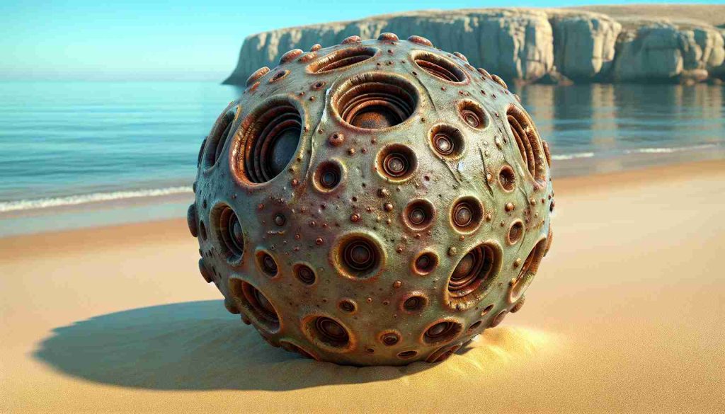 Generate a highly detailed and realistic image of a curious object that was discovered on a secluded beach triggering much speculation. The object appears out of place and instigates intrigue with its unknown origins and alien-like characteristics.