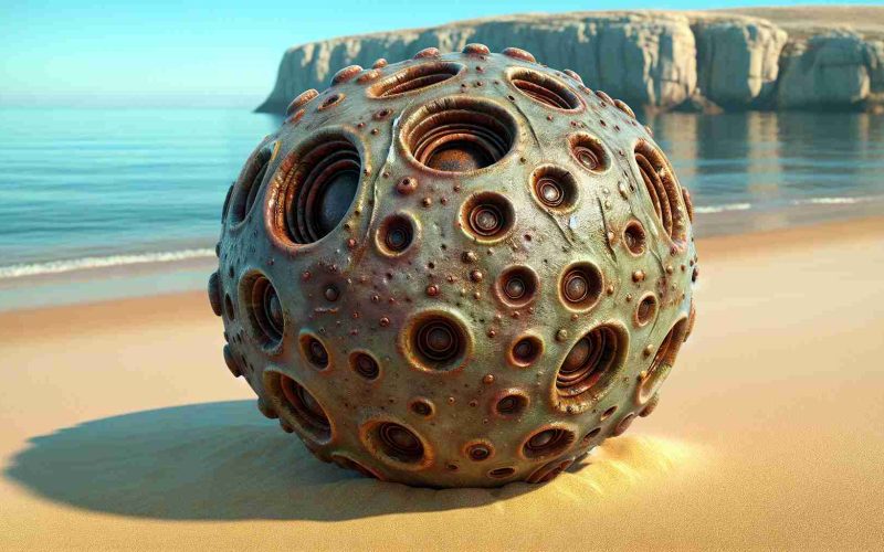 Generate a highly detailed and realistic image of a curious object that was discovered on a secluded beach triggering much speculation. The object appears out of place and instigates intrigue with its unknown origins and alien-like characteristics.