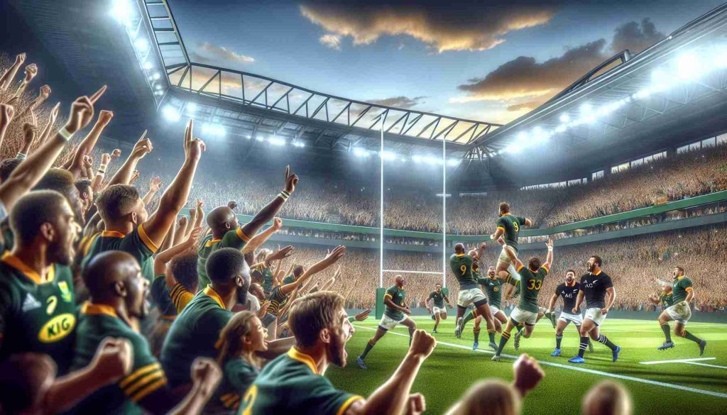 Create a realistic, high-definition image capturing the thrilling scene of South Africa's triumphant victory in an intense rugby match against New Zealand. Feature a diverse crowd of fans erupting into cheers and happiness as their team makes a victorious score. The action should be focused on the pitch with rugby players in green and gold (South Africa) and black (New Zealand) jerseys. The environment should underscore the energy and spirit of a major sporting event, capturing not just the players but also the ecstatic spectators, stadium architecture and a vibrant sky above.