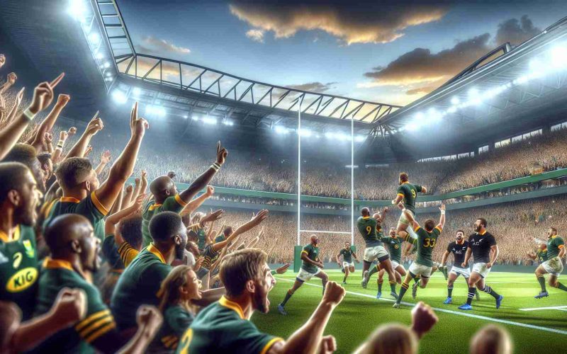 Create a realistic, high-definition image capturing the thrilling scene of South Africa's triumphant victory in an intense rugby match against New Zealand. Feature a diverse crowd of fans erupting into cheers and happiness as their team makes a victorious score. The action should be focused on the pitch with rugby players in green and gold (South Africa) and black (New Zealand) jerseys. The environment should underscore the energy and spirit of a major sporting event, capturing not just the players but also the ecstatic spectators, stadium architecture and a vibrant sky above.