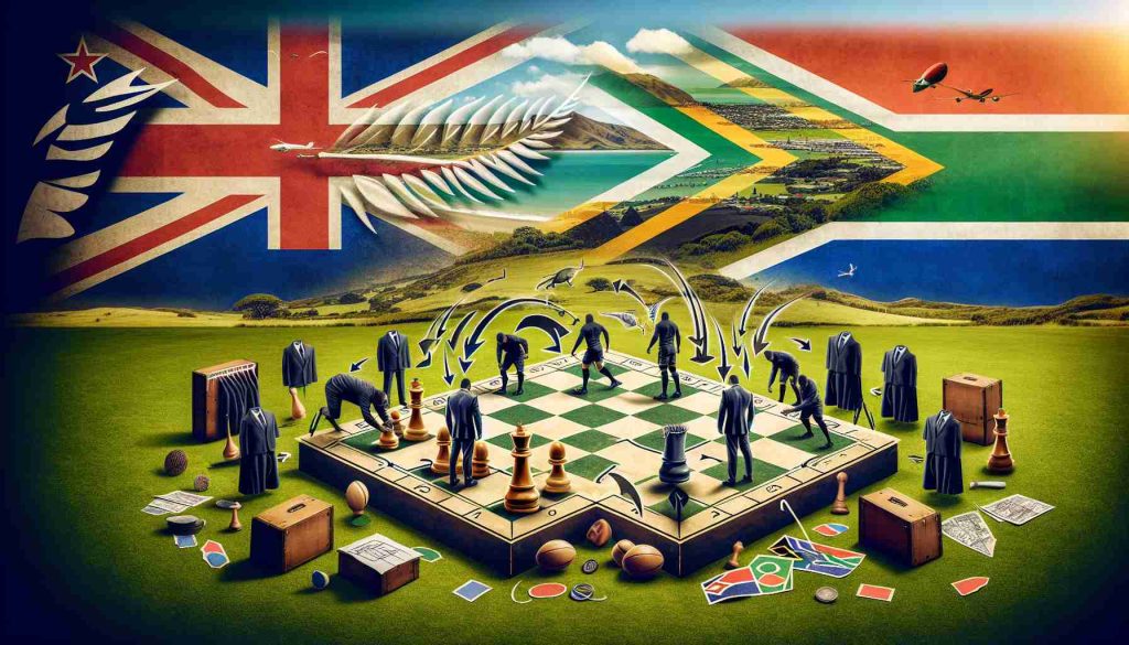 A high-definition image visualizing the conceptual shift in New Zealand ahead of a significant encounter with South Africa. This could include symbols representing the transformation such as redrawing strategy diagrams, rearranging game board pieces, or tweaking their uniforms. Background could feature typical Kiwi and South African landscapes, hinting at a sporting rivalry between the two nations.