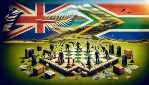 A high-definition image visualizing the conceptual shift in New Zealand ahead of a significant encounter with South Africa. This could include symbols representing the transformation such as redrawing strategy diagrams, rearranging game board pieces, or tweaking their uniforms. Background could feature typical Kiwi and South African landscapes, hinting at a sporting rivalry between the two nations.