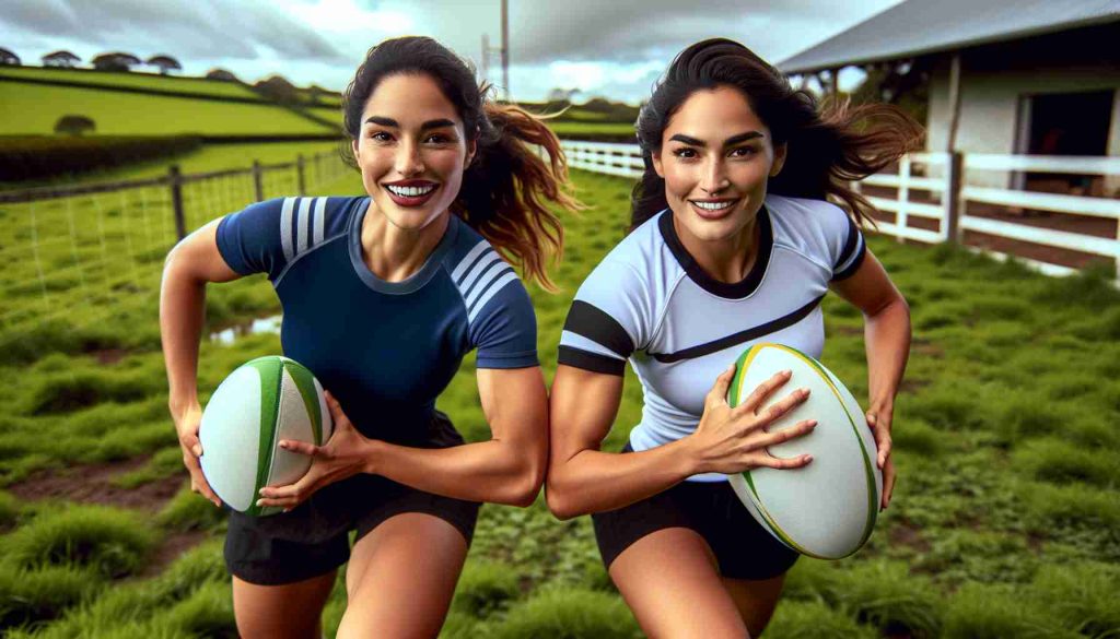 Realistic high-definition photo of a dynamic pair: two farm sisters, showing diversity in their origins - one being Hispanic and the other South Asian. They are visibly making a significant impact in the sport of Rugby. Show them in their rugby uniforms, energetically practicing with a rugby ball on their lush green farm. Let their athletic prowess, determination and sisterly bond shine through as they challenge stereotypes and push boundaries in a traditionally male-dominated sport.