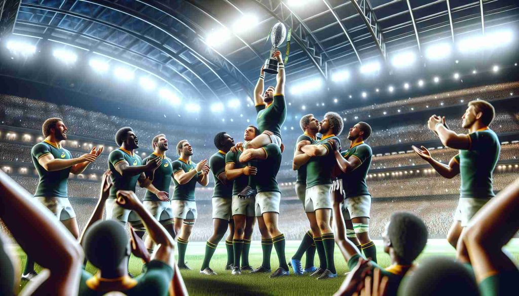 A high-definition, realistic image of a thrilling rugby championship finale, set in a vast stadium filled with zealous supporters. The players, of diverse descents and genders, show a range of emotions, from determination to anticipation. Shining on the field are players from South Africa, their green jerseys gleaming in the light; their faces – of black, South Asian, and Caucasian descent - alight with joy as they celebrate their victory, hugging, and lifting the coveted championship trophy high into the air.