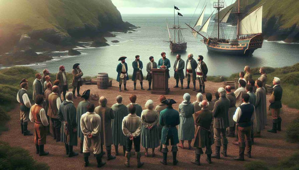 High-definition image realistically illustrating a scene where new leaders are being announced amongst a group of people quite uncertain about the future. They are in a setting that is reminiscent of Cornish pirates - think rugged coastline and small rustic ships. Emphasize the intensity of the situation and the steadfast resolution of these emerging leaders.