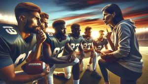 Generate a realistic HD photo depicting a scene about leadership in sports. The image could include a female Caucasian coach discussing tactics on a football field with her players, who belong to diverse descents such as Hispanic, Black, Middle-Eastern, and South Asian. Their expressions should convey deep thought, reflecting their contemplation of their coach's instructions. In the background, a bright sunset paints an inspiring picture, symbolizing the team's hope and determination.