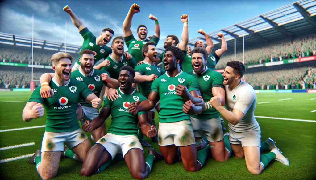 A high-definition, realistic image of a joyous moment in Irish rugby where the players are celebrating after claiming the top spot in the world rankings. The players should consist of a diverse mix of descents such as Caucasian, Black, Hispanic, Middle-Eastern, South Asian. The scene is set in an outdoor rugby pitch with the cheering crowd in the background, and a scoreboard displays the team's victory. The green field, blue sky, and detailed expressions of elation on players' faces add to the triumphant atmosphere.