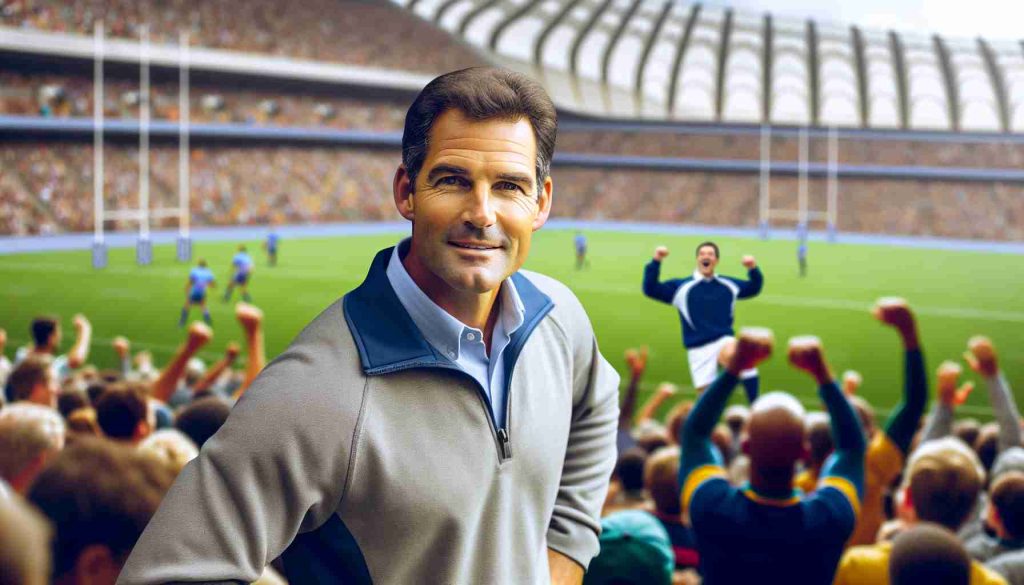 Create a realistic, high-definition image of a mature, muscular man with a sense of humor, engaged in a comedy scene at a stadium in Cape Town. The man should be Caucasian, with short dark hair, dressed in a sporty outfit typical of a rugby coach, and he should be in the middle of some hilarious escapade in the stadium filled with enthusiastic spectators.