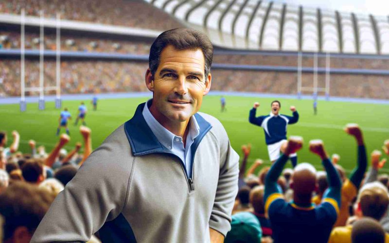 Create a realistic, high-definition image of a mature, muscular man with a sense of humor, engaged in a comedy scene at a stadium in Cape Town. The man should be Caucasian, with short dark hair, dressed in a sporty outfit typical of a rugby coach, and he should be in the middle of some hilarious escapade in the stadium filled with enthusiastic spectators.