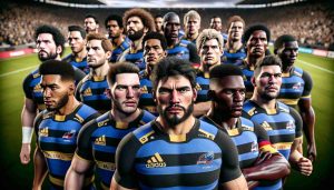 Realistic high-definition image of a thrilling change in the lineup of a rugby team, modeled after 'Los Pumas'. There's a diverse set of players, with individuals of various descents including Caucasian, Hispanic, Black, and Asian. Each player is in their team uniform, their faces filled with determination and excitement as if ready to conquer the next game. The crowd in the stadium is a blurred backdrop, their cheers nearly audible in the still image. The anticipation of this new direction for the team is palpable.