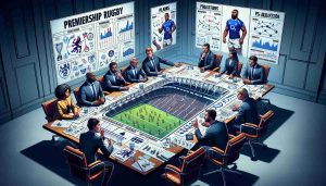 A high-definition illustration depicting a scene of a potential future scenario in Premiership Rugby. Display strategies and plans drawn out on a grand meeting table, as if to weigh possible changes. A diverse group of planners, including Black and Caucasian women, as well as Hispanic and South Asian men, passionately discussing options. Around them, posters and documents with future projections and statistics, showing trends and analyses regarding players' physical fitness, team composition, tactical maneuvers, and related factors that could impact the development of the sport.