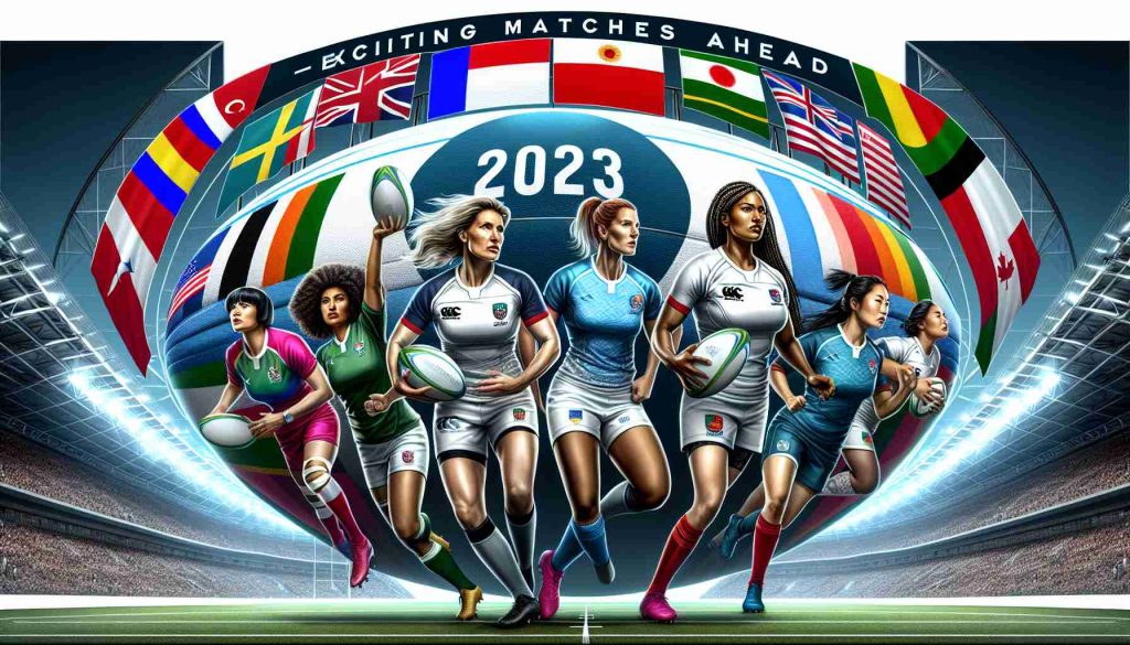 Generate a realistic high-definition image of a promotional poster for an upcoming women's rugby tournament titled 'Exciting Matches Ahead'. The poster should provide hints to the tournament being international, such as featuring flags or emblems of six different nations. The background could have a giant, stylized rugby ball, and the foreground should feature six female rugby players of diverse descents - such as Caucasian, Hispanic, Black, Middle-Eastern, South Asian, and Asian - dynamically posed in their playing gear, ready for action. The year '2023' should be prominently displayed.