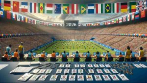 A high-definition, realistic photograph symbolizing the exciting opportunities ahead for volunteers at the Women's Football World Cup in 2026. Imagine this scene in vivid detail - numerous volunteer badges on a table, multiple national flags representing the participating countries fluttering against the backdrop of a massive football stadium filled with crowds. There's a giant scoreboard that reads 2026. A diverse group of volunteers - Caucasian, Hispanic, Middle-Eastern, South Asian, Black, and White - both male and female, busy coordinating events, guiding spectators, and celebrating football.