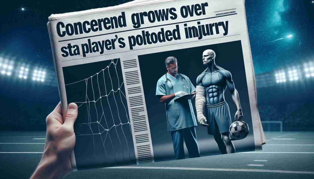 Generate a high-definition, realistic image of a sports newspaper headline that reads 'Concern Grows Over Star Player's Prolonged Injury', with an accompanying picture of an ambiguous athletic figure in sportswear holding onto a bandaged arm, standing next to a medic in a sports field. The whole scene should depict a sense of worry and uncertainty.