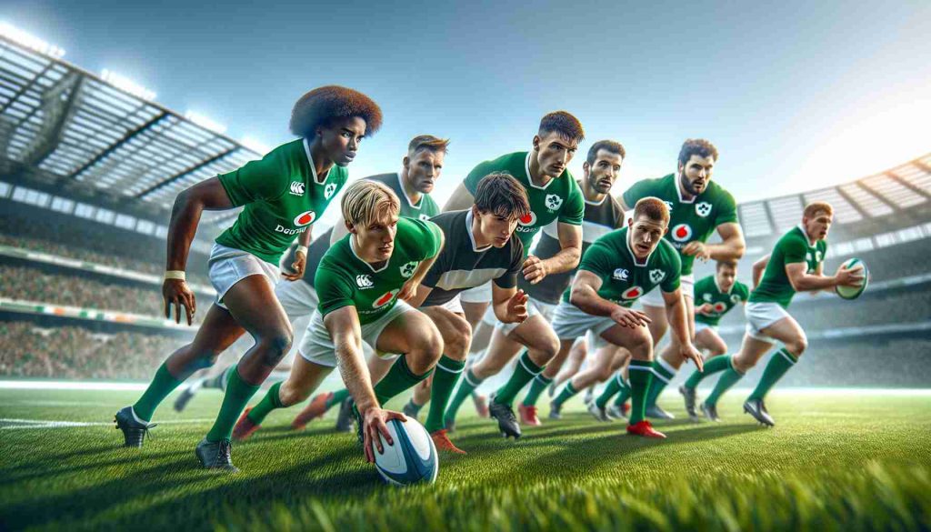 Realistic high-definition image showcasing a new era for Ireland's rising rugby stars. The picture should have vibrant and lush green fields under a clear and bright sky. Foreground should feature young and enthusiastic rugby players, with a balanced mix of genders and descents such as Caucasian, Hispanic, Black, Middle-Eastern, South Asian. They should be engaged in a high intensity training session, clearly illustrating their determination and skill, symbolizing a promising future for Ireland's rugby.