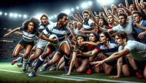 Create a realistic, high-definition image of a decisive moment in a passionate rugby rivalry. It should be on a well-maintained rugby field under bright lights, featuring a fierce contest between teams. Display the diversity of the players, with a mix of Caucasian, Hispanic, Black, Middle-Eastern, and South Asian individuals. The players, both female and male, should have intense expressions, displaying their determination and enthusiasm for the game. The spectators in the background are engrossed in the match, their faces mingling excitement and anxiety.