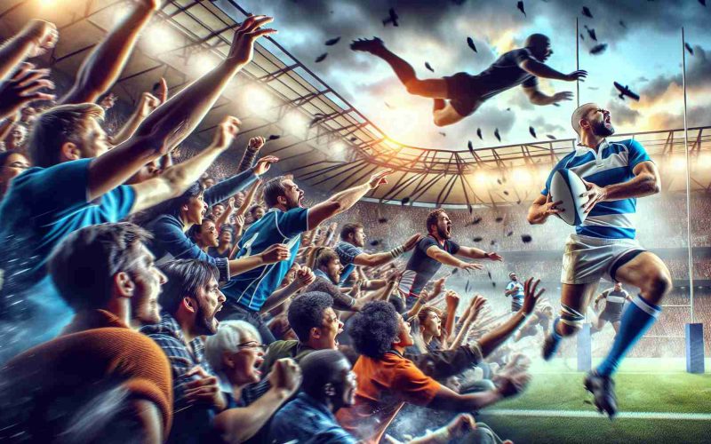 Generate a high-definition, realistic image encapsulating the thrilling atmosphere of excitement surrounding a Universal Rugby Championship (URC) match. Picture an enthusiastic crowd of diverse people comprising multiple descents and genders, on the edge of their seats while the dynamic action unfolds on the field with players engaged in intense rugby action.