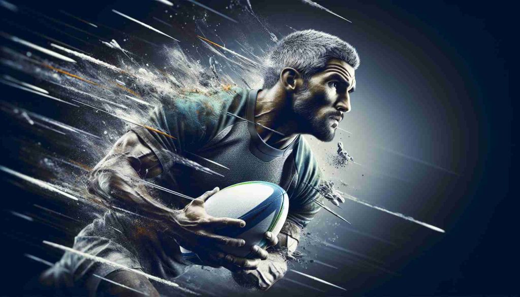 A high-definition, realistic image showcasing a rising Rugby star revealing his diverse abilities. The scene captures him in the mid-action during a game. His muscles rippled with power as the ball sits securely in his grip. An expression of sheer determination can be seen etched on the face of this Middle-Eastern male athlete. He displays technique, agility, and strength, truly embodying the multifaceted nature of his talent.