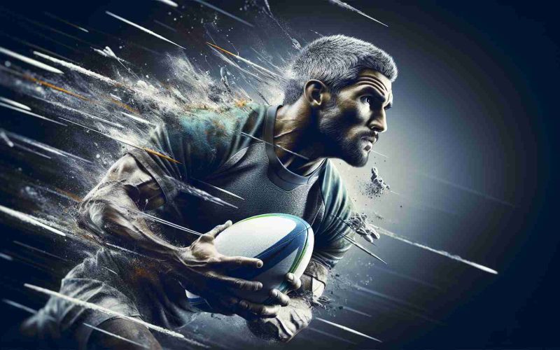 A high-definition, realistic image showcasing a rising Rugby star revealing his diverse abilities. The scene captures him in the mid-action during a game. His muscles rippled with power as the ball sits securely in his grip. An expression of sheer determination can be seen etched on the face of this Middle-Eastern male athlete. He displays technique, agility, and strength, truly embodying the multifaceted nature of his talent.