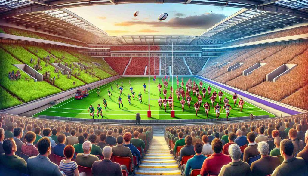 Create a high-definition, realistic image that represents the transformation of the landscape of Welsh rugby. The scene should include a vibrant stadium packed with diverse fans – men and women of varied descents such as Caucasian, Middle-Eastern, and Hispanic. In the middle, there should be two mixed-gender rugby teams on the field, also diverse with players of different ethnic backgrounds including Black, South Asian, and White. Incorporate elements that symbolize change and improvement, perhaps new strategies being discussed among the players or upgraded infrastructure of the stadium.