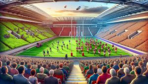 Create a high-definition, realistic image that represents the transformation of the landscape of Welsh rugby. The scene should include a vibrant stadium packed with diverse fans – men and women of varied descents such as Caucasian, Middle-Eastern, and Hispanic. In the middle, there should be two mixed-gender rugby teams on the field, also diverse with players of different ethnic backgrounds including Black, South Asian, and White. Incorporate elements that symbolize change and improvement, perhaps new strategies being discussed among the players or upgraded infrastructure of the stadium.