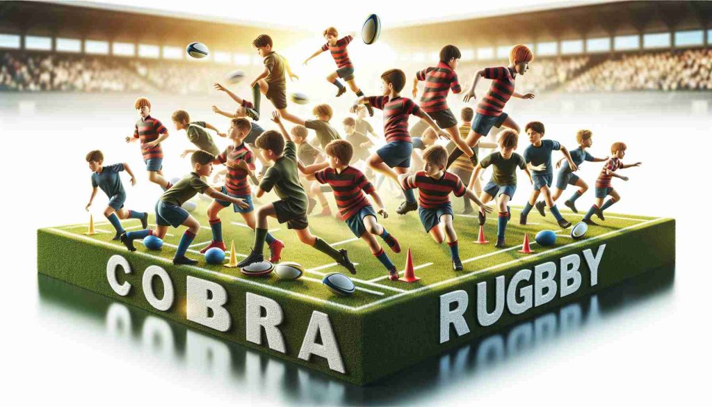 High-definition, realistic image of a youth rugby club known as Cobra, poised to bring about significant changes in youth rugby development. The picture should encapsulate the energetic atmosphere of the club, with young players of different genders and descents engaged in intense practice. The image should also include some rugby equipment like balls, cones, and pitch markings to highlight the development aspect. No logo or any distinct feature that could refer to a real club should be included.