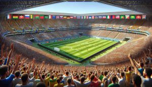 Detailed depiction of a major football tournament set in an iconic European city scheduled for 2024. The scene includes a grand stadium filled to capacity with enthusiastic fans from different descents and genders. The football field at the center is primed for a competitive match. Various nation flags wave energetically in the crowd. It is a sunny day, and the atmosphere is electric with anticipation and sportsmanship. The image carries the high resolution and sharpness associated with HD photos.