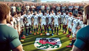 An HD realistic depiction showcasing the excitement in the English Rugby Squad as they train for the Autumn Internationals. Illustrate a diverse group of athletes huddling, showing unity and preparing for the game. The scene is set outside on a rugby field: visible insignia of the English lion on their jerseys, fresh green grass under their cleats, a bright sun casting long shadows. Players, from different descents including Caucasian, Black, and South Asian, displaying their fitness, determination, and a sense of anticipation. In the background, spectators eagerly watch the vibrant scene, drawn in by the charged atmosphere.