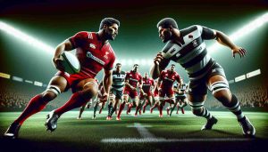 A high definition, realistic scene showcasing an intense rugby showdown between two formidable teams. One team, emblematic of their moniker 'Scarlets', is donned in vibrant and intimidating scarlet colored jerseys. The opposing team, aptly named the 'Bulls', sport robust uniforms in dominant shades of strong black and white. Their jerseys, alternating between black and white stripes, symbolize their robust battling bull like strength. Both teams are in full throttle action, fiercely competing with each other on a well-manicured, lush green rugby field. The atmosphere is electric with anticipation, showcasing the pinnacle of competitive team spirit.