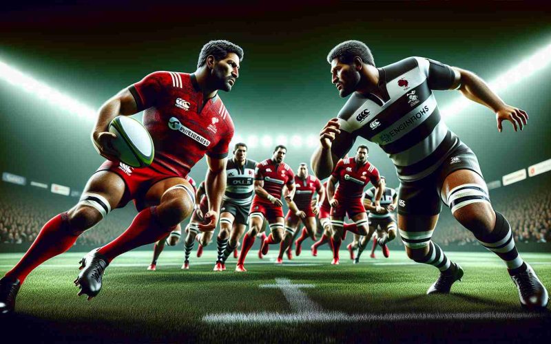 A high definition, realistic scene showcasing an intense rugby showdown between two formidable teams. One team, emblematic of their moniker 'Scarlets', is donned in vibrant and intimidating scarlet colored jerseys. The opposing team, aptly named the 'Bulls', sport robust uniforms in dominant shades of strong black and white. Their jerseys, alternating between black and white stripes, symbolize their robust battling bull like strength. Both teams are in full throttle action, fiercely competing with each other on a well-manicured, lush green rugby field. The atmosphere is electric with anticipation, showcasing the pinnacle of competitive team spirit.