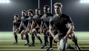 A high definition, realistic image of an inspired rugby team, dressed in black uniforms, poised and ready to make their mark on the global stage. The players consist of a diverse representation of talent; an athletic Caucasian male scans the field, a focused black male clenches the ball, and a determined South Asian female stretches her muscles. There is a sense of unity in this team. They stand on a pristine rugby field, the intensity in their expressions matching the determination in their stance, perfectly capturing the spirit of competition and ambition.