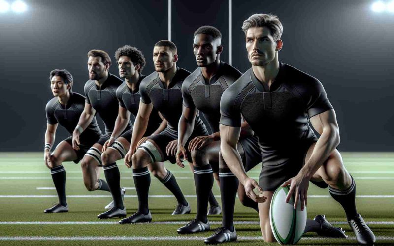 A high definition, realistic image of an inspired rugby team, dressed in black uniforms, poised and ready to make their mark on the global stage. The players consist of a diverse representation of talent; an athletic Caucasian male scans the field, a focused black male clenches the ball, and a determined South Asian female stretches her muscles. There is a sense of unity in this team. They stand on a pristine rugby field, the intensity in their expressions matching the determination in their stance, perfectly capturing the spirit of competition and ambition.