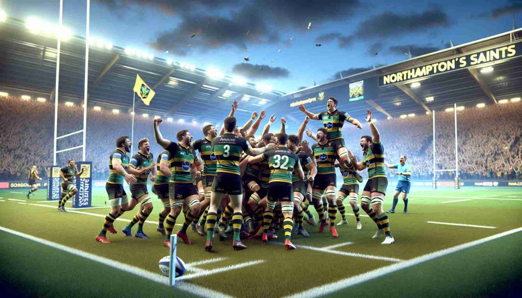 A high-definition, realistic image depicting a thrilling victory for the Northampton Saints rugby team in a Premiership clash. The scene should capture the team in the middle of their celebration on the field, with elated players leaping in joy, exchanging high-fives and hugs. The spectators in the stands are erupting in cheers, waving team flags, and adding to the atmosphere. The rugby posts and astroturf ground should be clearly visible. The sky overhead is a deep blue, hinting at the late afternoon game time. Remember, no specific player likenesses should be depicted; instead, depict a generic representation of the players in the team's signature colors.