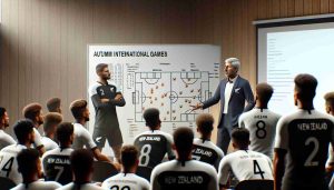 A realistic, high-definition image of a soccer coach instructing his team during a strategic meeting in preparation for autumn international games. The coach, of New Zealand descent, is known for his remarkable strategic insights and coaching skills. He stands in front of a whiteboard that displays various game plans and strategies. The room is filled with players of various descent including Caucasian, Black, and South Asian, all attentively listening to their coach's instructions.