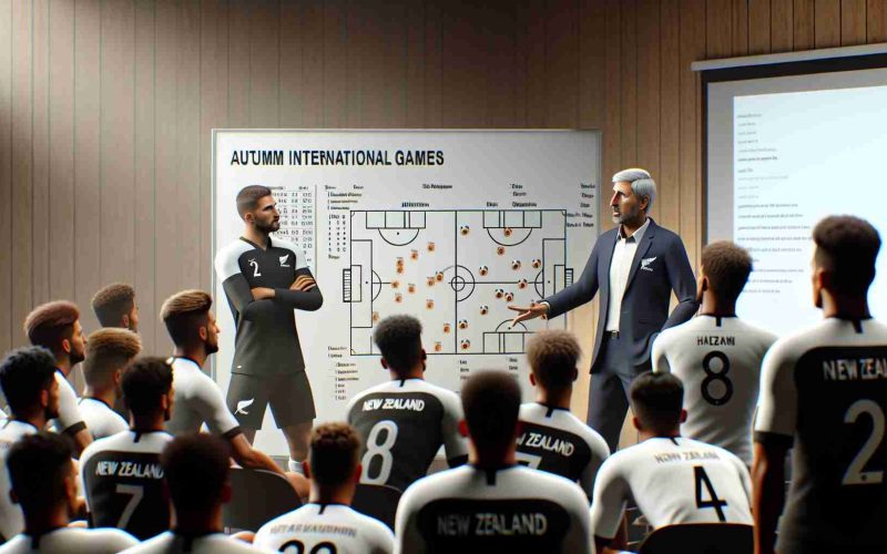 A realistic, high-definition image of a soccer coach instructing his team during a strategic meeting in preparation for autumn international games. The coach, of New Zealand descent, is known for his remarkable strategic insights and coaching skills. He stands in front of a whiteboard that displays various game plans and strategies. The room is filled with players of various descent including Caucasian, Black, and South Asian, all attentively listening to their coach's instructions.